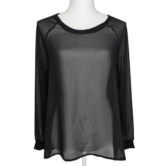 PLEIONE WOMEN'S BLACK CHIFFON SHEER LONG SLEEVE BLOUSE SIZE MEDIUM - Picture 1 of 9
